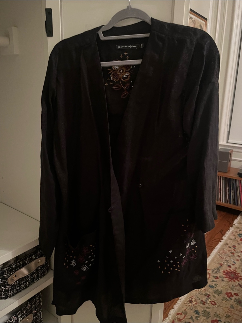 Black Women's Embroidered Open-Front linen Coat